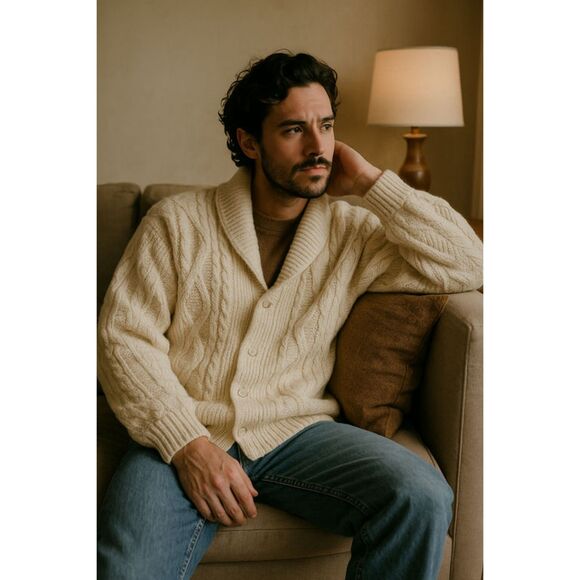 Vintage Cream Cable Knit Shawl Collar Cardigan Sweater Men’s Large 100% Acrylic - Picture 5 of 12